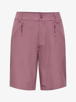Shorts pour femmes longueur au genou de couleur mauve avec fermeture à boutons, passants pour ceinture et poches avant zippées avec tirettes roses.
