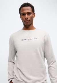 Sweatshirt gri deschis realizat dintr-un material moale, având un guler rotund și un logo brodat "TOMMY HILFIGER" în culorile navy și roșu pe piept.