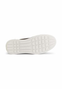 Semelle en cuir marron avec un fond en caoutchouc blanc, présentant un motif de grip texturé et un logo de la marque, bords lisses et forme arrondie.