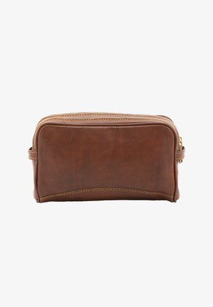 Brown leather rectangular toiletry bag with double gold zippers and visible stitching on a white background.