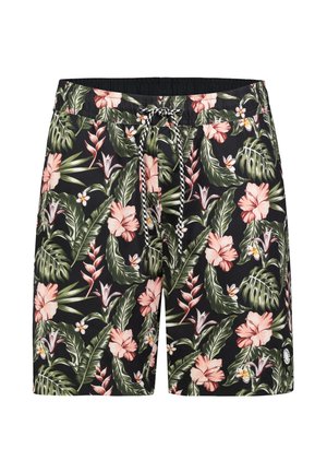 Black swim shorts with pink hibiscus flowers and green tropical leaves, featuring a black-and-white drawstring at the waist.