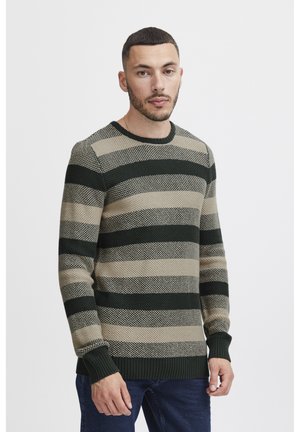 Green and beige striped sweater with a textured knit. Features a crew neck and ribbed cuffs and hem. Worn with dark blue jeans.