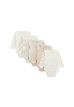 Ensemble de cinq bodys à manches longues pour bébé en coton doux. Comprend des modèles en blanc, beige clair et rose pâle, avec des fermetures à pression et des motifs discrets.