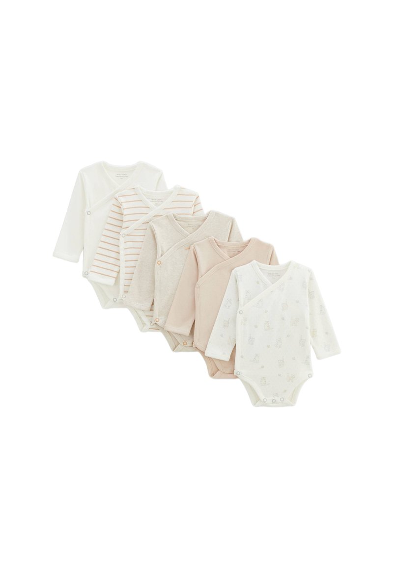 Ensemble de cinq bodys à manches longues pour bébé en coton doux. Comprend des modèles en blanc, beige clair et rose pâle, avec des fermetures à pression et des motifs discrets.