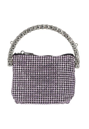 Geantă mică dreptunghiulară de seară, acoperită cu strasuri mov, cu un mâner decorat cu strasuri argintii și închidere cu fermoar negru.