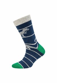 Marineblaue Socke mit hellgrauen Dinosaurier-Silhouetten, horizontalen Streifen, einem hellgrauen Bündchen sowie grünen Akzenten an Ferse und Zehen.
