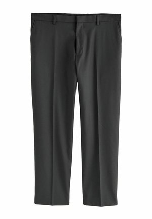 Schwarze formelle Hosen mit Gürtelschlaufen, Fronttaschen und einem verdeckten Reißverschluss vorne, flach auf einem weißen Hintergrund präsentiert.