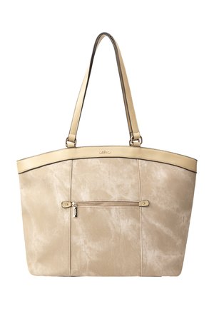 Borsa tote beige con due manici, una piccola tasca frontale con cerniera e una texture sintetica liscia con un delicato motivo marmorizzato.