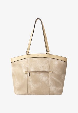 Beige Tragetasche mit zwei Tragegriffen, einer kleinen vorderen Reißverschlusstasche und einer glatten synthetischen Textur mit dezentem Marmorierungsmuster.