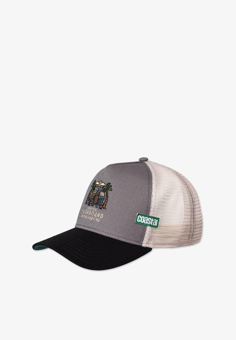 Gray and black baseball cap with mesh sides; features embroidered graphics of a surfboard van and palm trees; green "coastal" tag on the side.