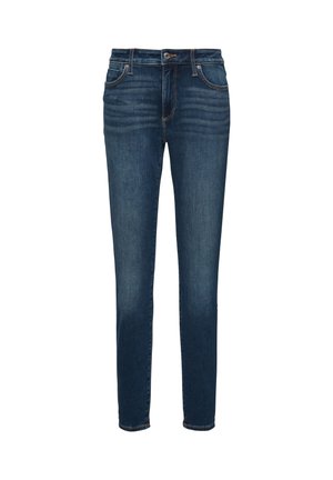 Jean slim fit bleu foncé en denim. Doté d'un design classique à cinq poches, fermeture à bouton et couture contrastante. Texture lisse.