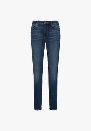 Dunkelblaue, schmal geschnittene Jeans aus Denim. Verfügt über ein klassisches Fünf-Taschen-Design, einen Knopfverschluss und kontrastierende Nähte. Glatte Textur.