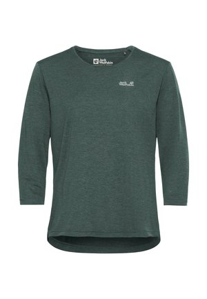 Chemise à manches longues de couleur vert foncé avec un col rond, présentant un logo discret sur la poitrine gauche et un ourlet légèrement incurvé en bas.