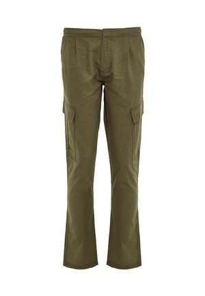 Olive green cargo pants featuring a straight cut, two side pockets, and reinforced stitching, made from a durable cotton-blend fabric.