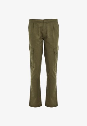 Pantalones cargo de color verde oliva con corte recto, dos bolsillos laterales y costuras reforzadas, fabricados en una resistente mezcla de algodón.