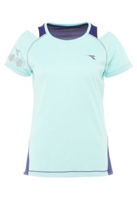 Light blue athletic shirt with dark blue accents. Features short sleeves and cut-out shoulders. Textured graphic design on the left sleeve.