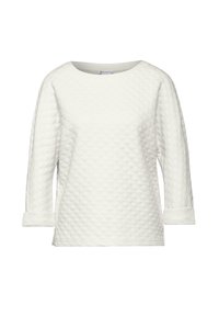 Weißes, gep quiltetes Longsleeve-Oberteil mit rundem Halsausschnitt und umgeschlagenen Manschetten, das ein strukturiertes Rautenmuster aufweist.