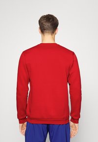 Rode sweatshirt met lange mouwen, geribbelde halslijn en manchetten, zachte textuur, aansluitende taille, weergegeven vanaf de achterkant tegen een lichte achtergrond.