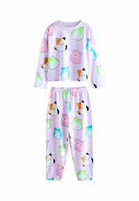 Set of children’s pajamas in soft, lightweight fabric. Long-sleeve top and pants feature colorful animal prints on a light purple background.