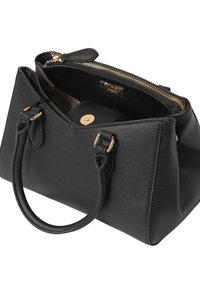 Borsa sintetica nera con dettagli in oro, design strutturato, due manici e apertura superiore con zip che rivela un interno beige.