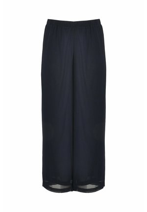 Marinefarbene weite Hosen mit elastischem Bund, aus leichtem Material gefertigt. Sie verfügen über eine glatte Textur und transparente Saumakzente.