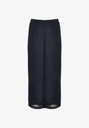 Marineblå vide bukser med elastisk talje, lavet af letvægtsstof. Har en glat tekstur og gennemsigtige kantdetaljer.