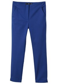Pantalon bleu sur mesure avec une finition textile lisse, doté de deux poches avant et d'une coupe droite. Matériel minimal, design polyvalent.