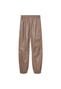 Brune lædersweatpants med elastisk taljebånd, tilspidsede manchetter og glat tekstur. Har en afslappet pasform og enkelt design.