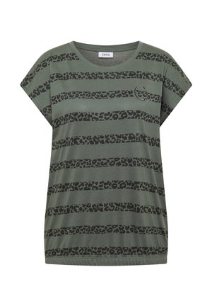 Cecil, T-SHIRT WITH A CREW NECK AND LEOPARD-PRINT STRIPES - T-shirt imprimé - dried olive green