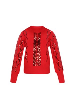 Pull en tricot rouge avec des manches longues, un col rond et des détails en sequins au motif de diamants et en vertical sur le devant et les manches.
