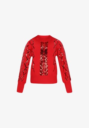 Rød strikket sweater med lange ærmer, rund halsudskæring og pailletdetaljer i diamant- og lodrette mønstre på forsiden og ærmerne.
