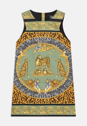 Animal print sleeveless dress with green and gold accents, featuring detailed illustrations of tigers and leopards in a circular design.