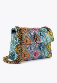 Multi-colored handbag featuring textured rhinestone embellishments in a diamond pattern, with a gold chain strap and a decorative clasp.