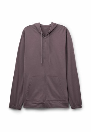 Zip-Hoodie in gedämpftem Mauve, aus Baumwollmischung. Mit einer verstellbaren Kapuze, zwei vorderen Kängurutaschen und elastischen Bündchen. Glatte Textur.