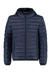Navy blue puffer jacket with a zip closure and hood. Horizontal quilted design and elastic cuffs, made from lightweight, padded material.