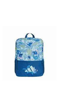 Mochila azul con un diseño superior estampado de motivos tropicales, una parte inferior sólida y un logotipo prominente. Incluye un asa en la parte superior y cremallera.