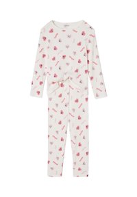 Cream-colored long-sleeve top and pants set with pink and red heart patterns, smiling faces, and words like "happy," "good," and "fun."