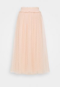 Langer, weicher, rosa Tüllrock mit Sternenmuster, elastischem Rüschensaum und gerüschtem oberen Rand auf weißem Hintergrund.