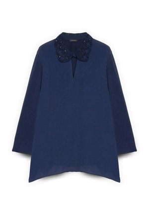 Camicia blu navy con colletto decorato di perline, maniche lunghe e scollatura a occhiello. Presenta un orlo leggermente curvo e una texture di tessuto leggero.