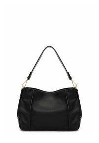 Mustast nahast käekott struktureeritud kujuga, millel on ümar serv ja üks õlarihm. Kulla toonis detailid. Tekstuuriga viimistlus.