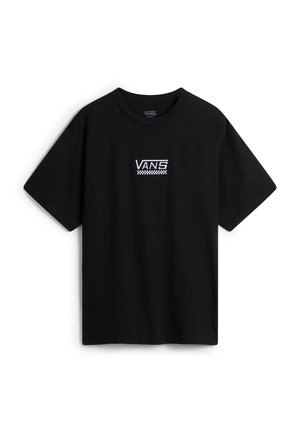 T-shirt noir Vans à manches courtes, coupe ample, avec logo Vans blanc et motif damier centré sur la poitrine.