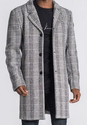 Gray plaid coat with a tailored design, featuring a notched collar, three buttons, and two side pockets. Made from textured fabric.