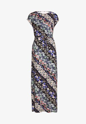 Robe longue à motif floral multicolore sur fond noir, manches courtes, et taille élastique pour une coupe décontractée.