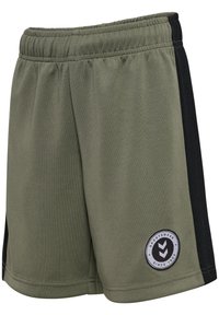 Olivgrön sportshorts med svarta mesh-sidoflikar och en cirkulär logopatch. Har en elastisk midja för justerbar passform.