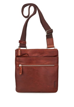 Braune Leder-Umhängetasche mit verstellbarem dunkelbraunem Riemen, vorderer Reißverschlusstasche und Picard-Logo in der unteren rechten Ecke.