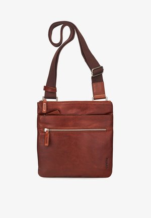 Braune Leder-Umhängetasche mit verstellbarem dunkelbraunem Riemen, vorderer Reißverschlusstasche und Picard-Logo in der unteren rechten Ecke.