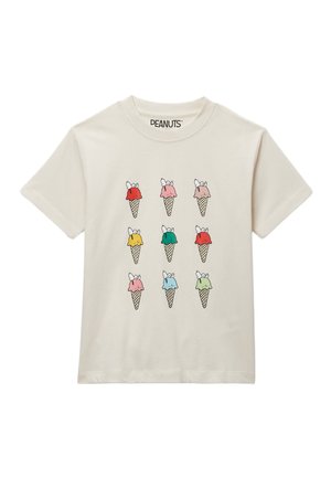 T-shirt blanc avec neuf cornets de glace colorés en grille 3x3, chacun surmonté d'un nœud blanc, et étiquette "PEANUTS" à l'intérieur du col.