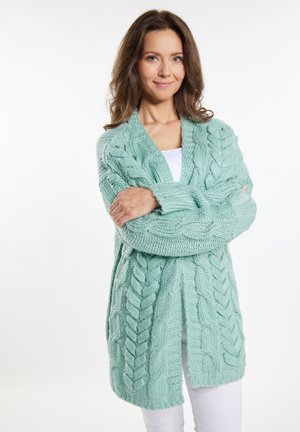 Cardigan verde menta a lavorazione a trecce con apertura frontale, caratterizzato da spesse trecce e polsini a costine. Indossato sopra una maglietta bianca e abbinato a pantaloni bianchi.