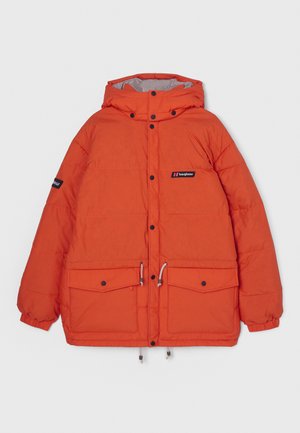 Padded orange jacket with a hood, featuring a zipper, snap buttons, two front pockets, and elastic cuffs. Logo on the chest and sleeve.