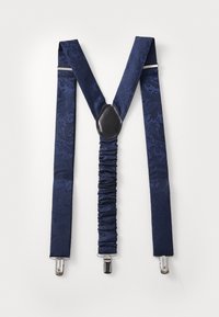 Marineblå seler med paisley-mønster, med en sort lædermidte og sølvmetalclips, glat tekstur og elastisk detalje.